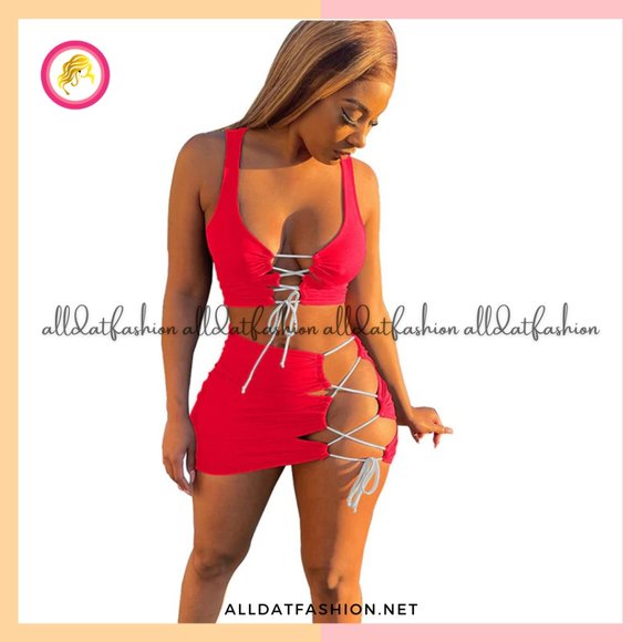 Riley 2 Piece Lace Up Crop Tank Top + Skirt Sets - Picture 3 of 5